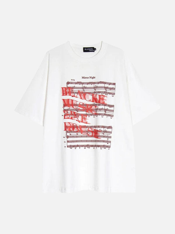 Front view of a white TALISHKO tee featuring a blurred red rock print, ideal for casual summer style.