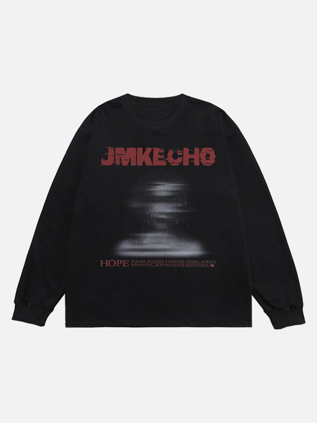 Front view of a black long sleeve T-shirt with a blurred silhouette print by TALISHKO.