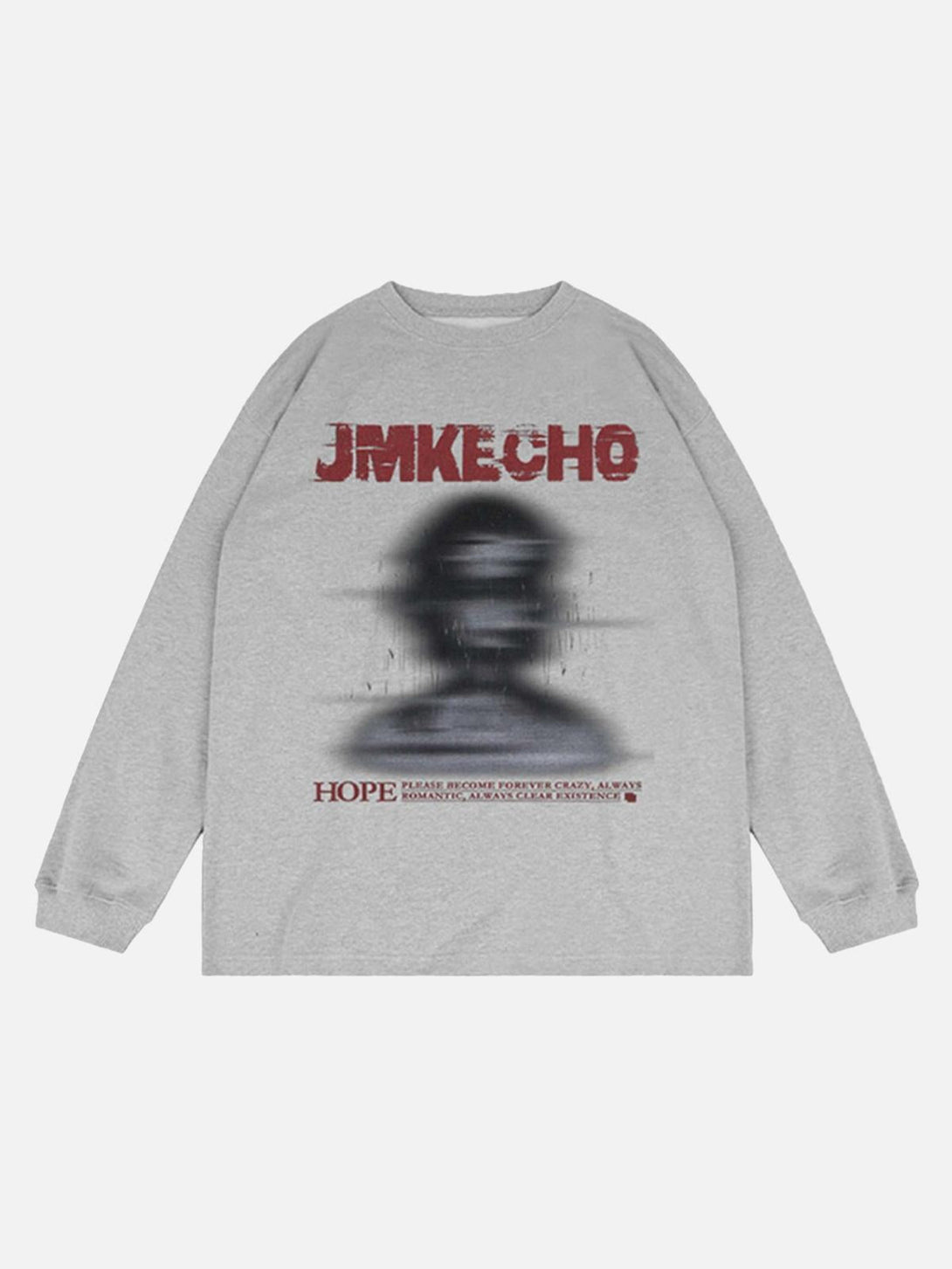 Front view of a gray long sleeve T-shirt with a blurred silhouette print by TALISHKO.