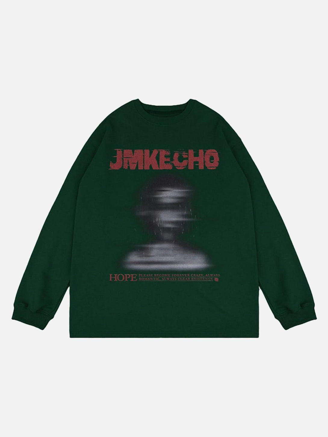 Front view of a green long sleeve T-shirt with a blurred print design by TALISHKO.