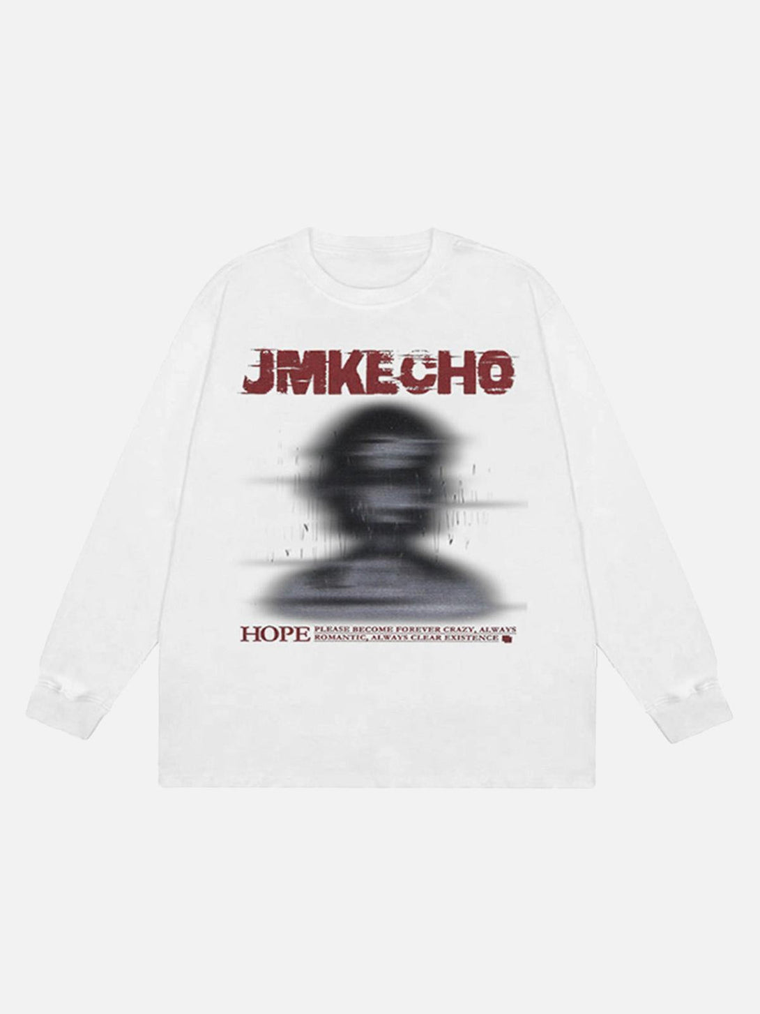 Front view of a white long sleeve T-shirt with a blurred silhouette design by TALISHKO.
