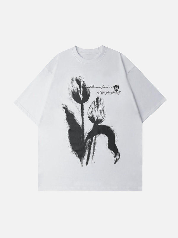 White tulip print tee in front view by TALISHKO, featuring artistic floral design.
