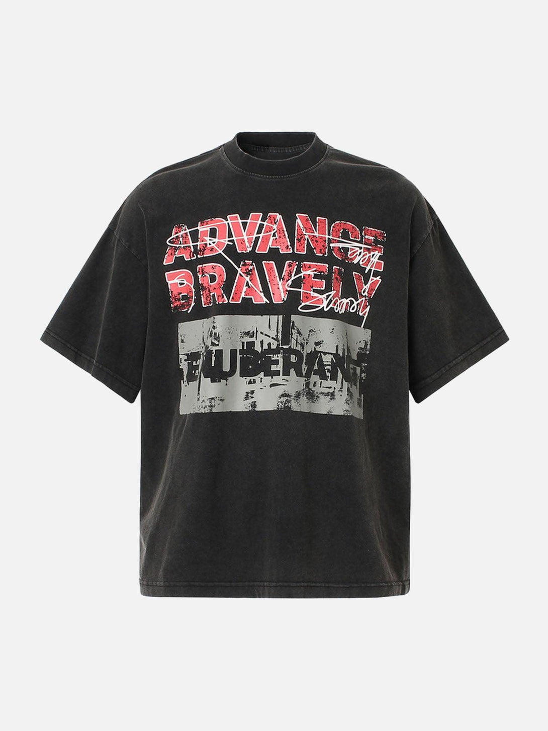 Front view of a black TALISHKO graphic T-shirt featuring bold "Advance Bravely" text.