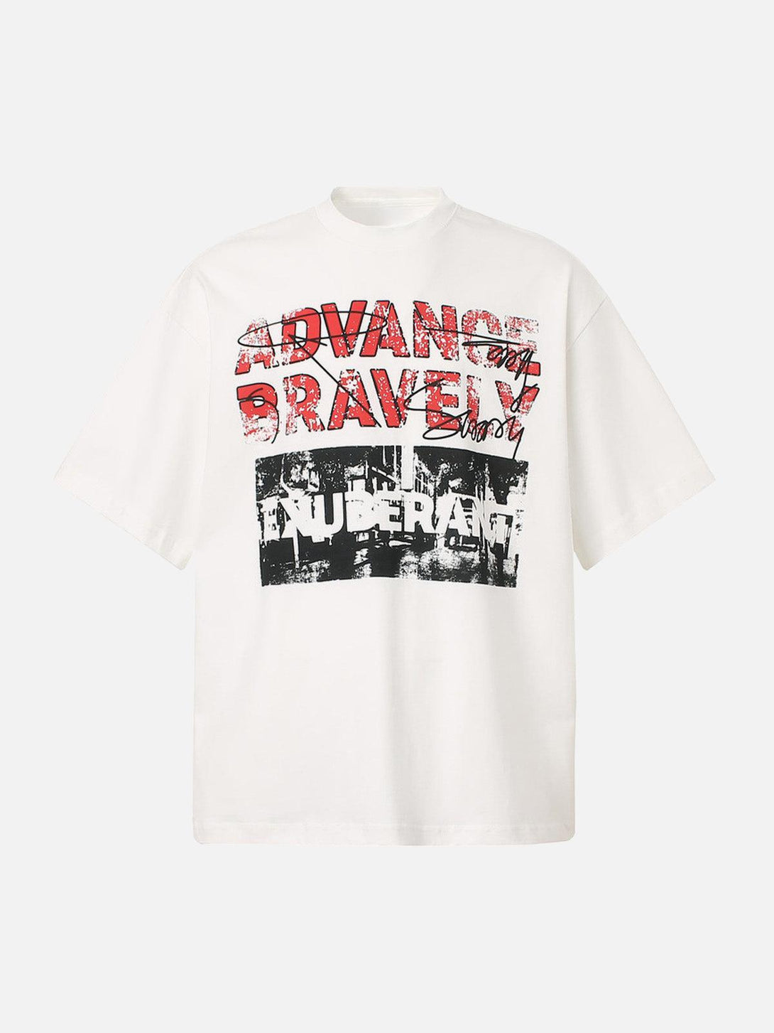 Front view of a white graphic T-shirt by TALISHKO featuring bold "Advance Bravely" text.