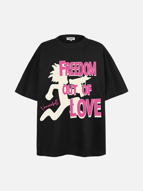 Front view of a black tee with vibrant pink text and silhouette design by TALISHKO.