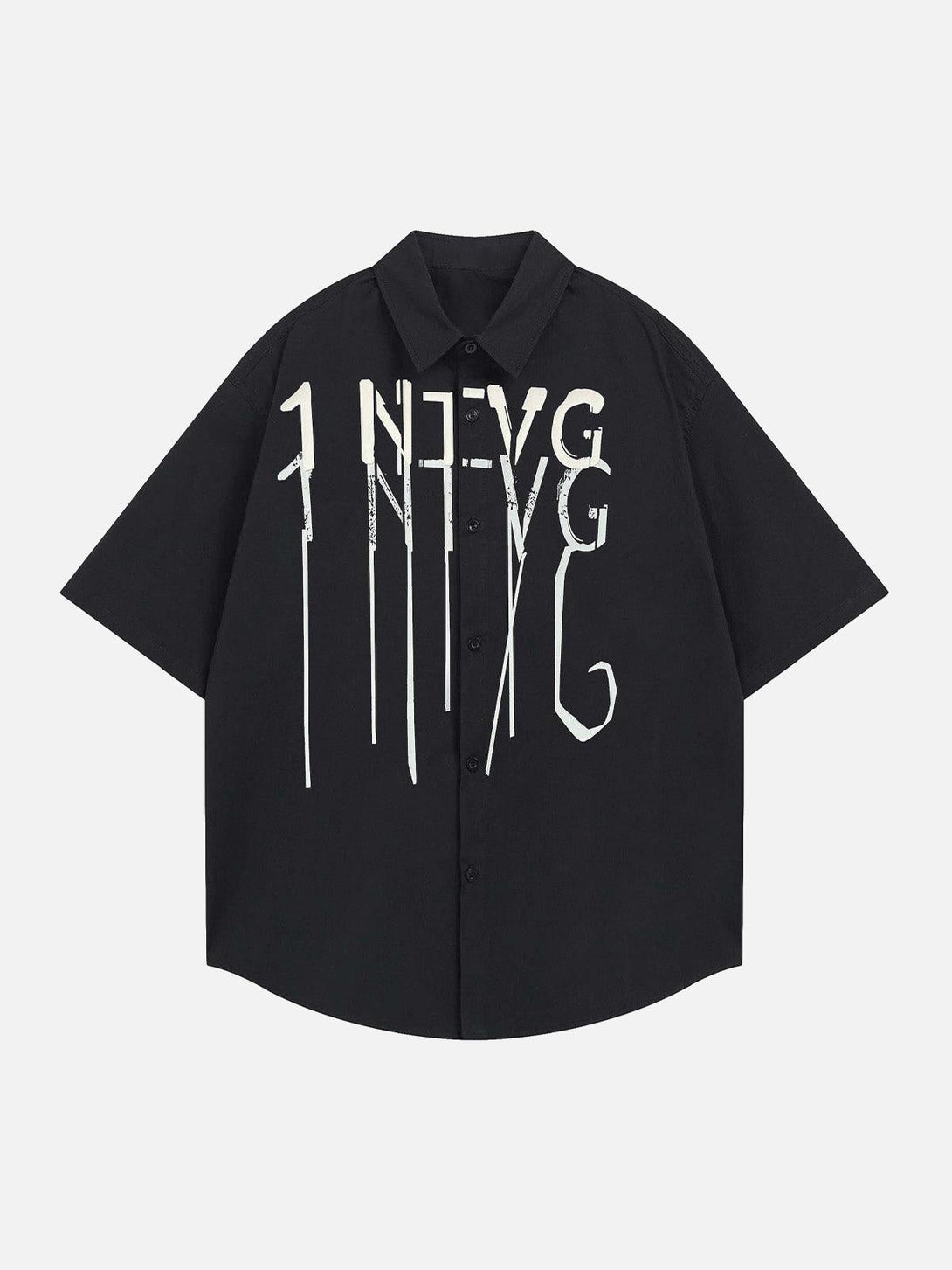 Front view of a black short-sleeve shirt by TALISHKO, featuring bold letter graphics for a modern look.
