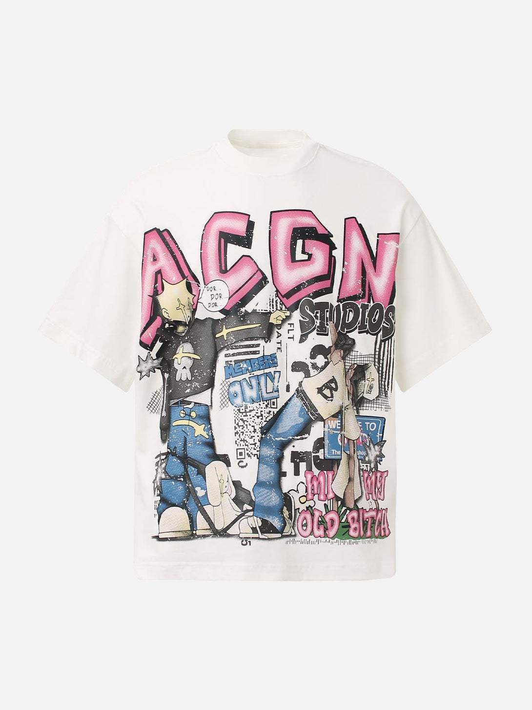 Front view of a white graphic T-shirt by TALISHKO, featuring bold streetwear design elements.