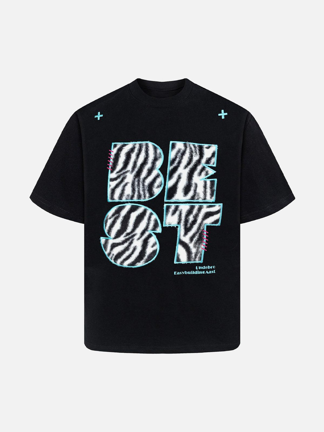 Front view of a black graphic T-shirt with bold zebra print design by TALISHKO.