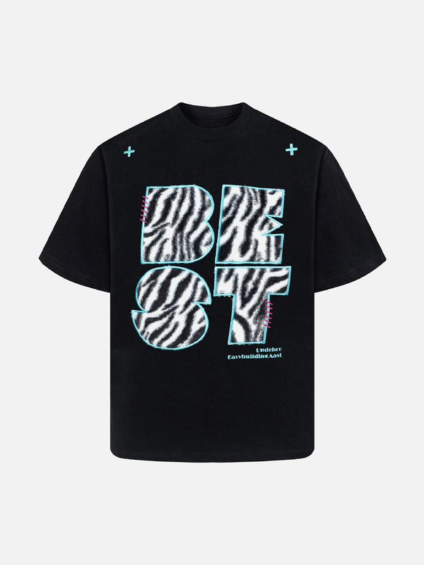 Front view of a black graphic T-shirt with bold zebra print design by TALISHKO.