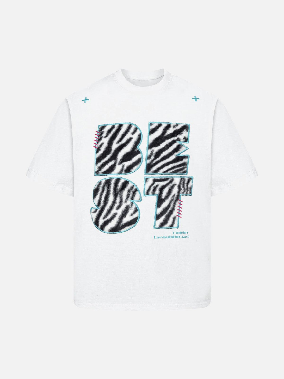 Front view of a white graphic T-shirt with zebra print design by TALISHKO, ideal for casual wear.