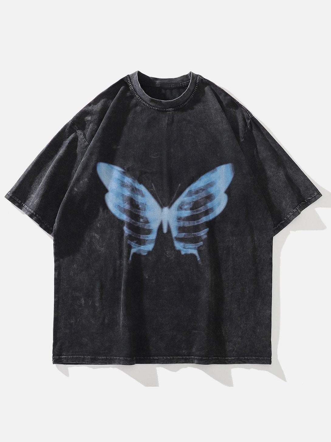Front view of a TALISHKO black tee with a bold bone butterfly graphic, ideal for casual wear.