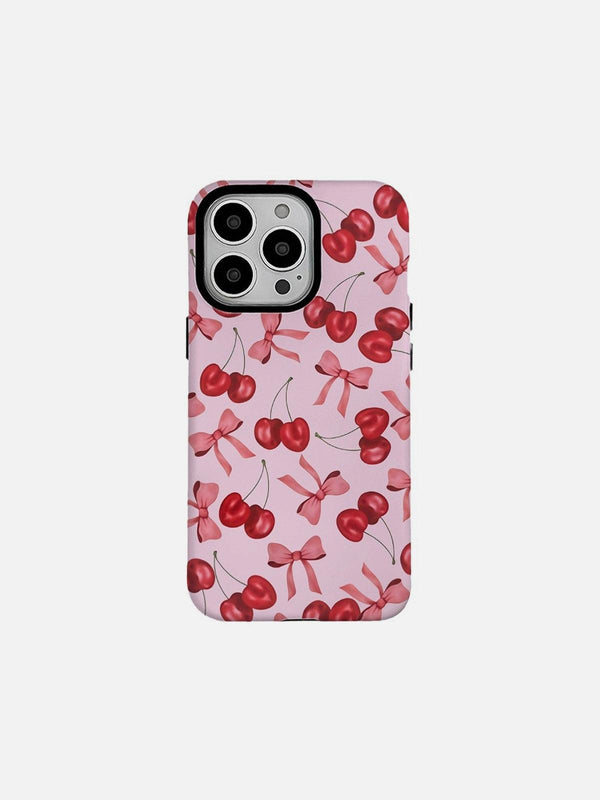 Front view of pink phone case featuring cherry and bow design by TALISHKO.