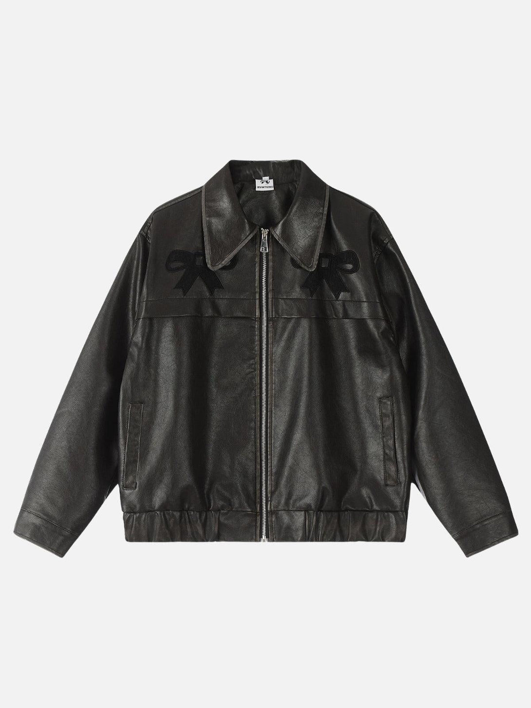 Front view of a black faux leather jacket with bow accents by TALISHKO, perfect for urban style.