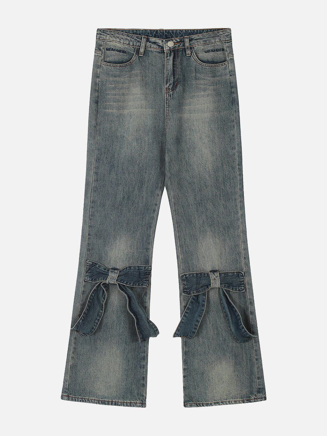 Front view of blue jeans by TALISHKO, featuring unique bow decorations for a trendy look.