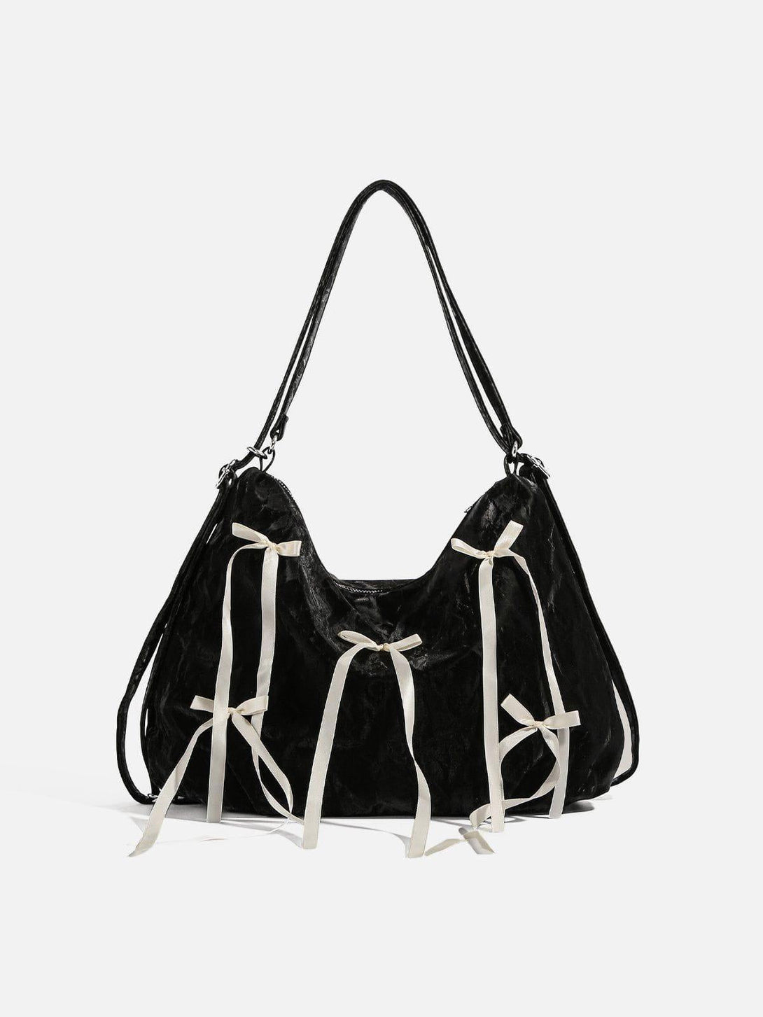 Front view of a black tote bag with elegant bow accents, crafted by TALISHKO.
