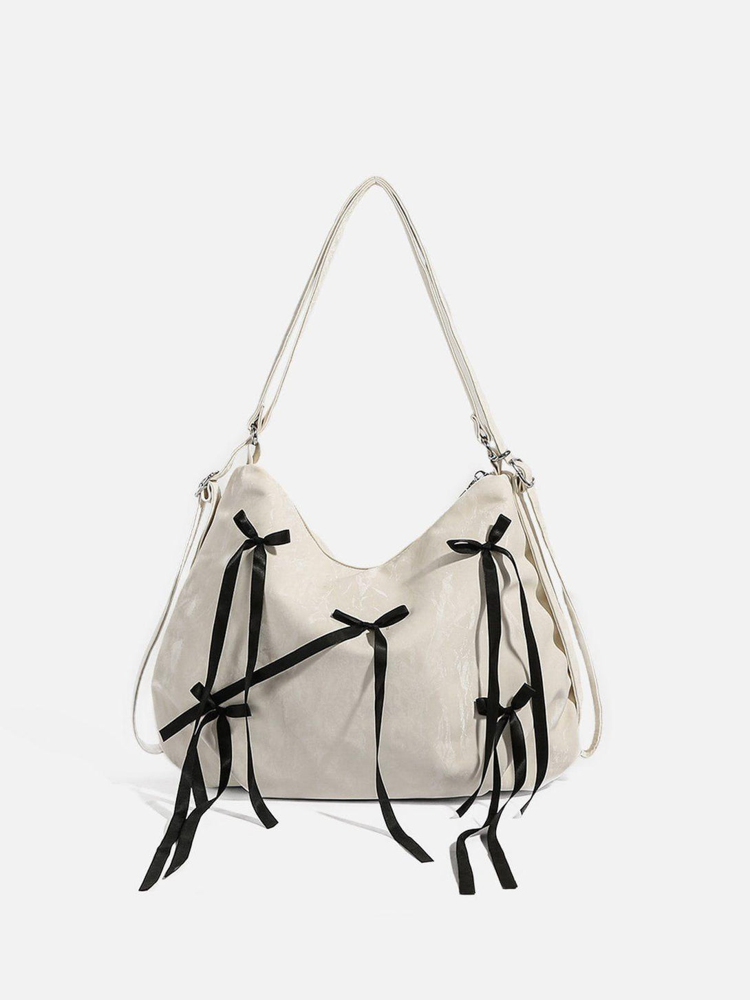 Front view of a white tote bag with black bow decorations, crafted by TALISHKO.
