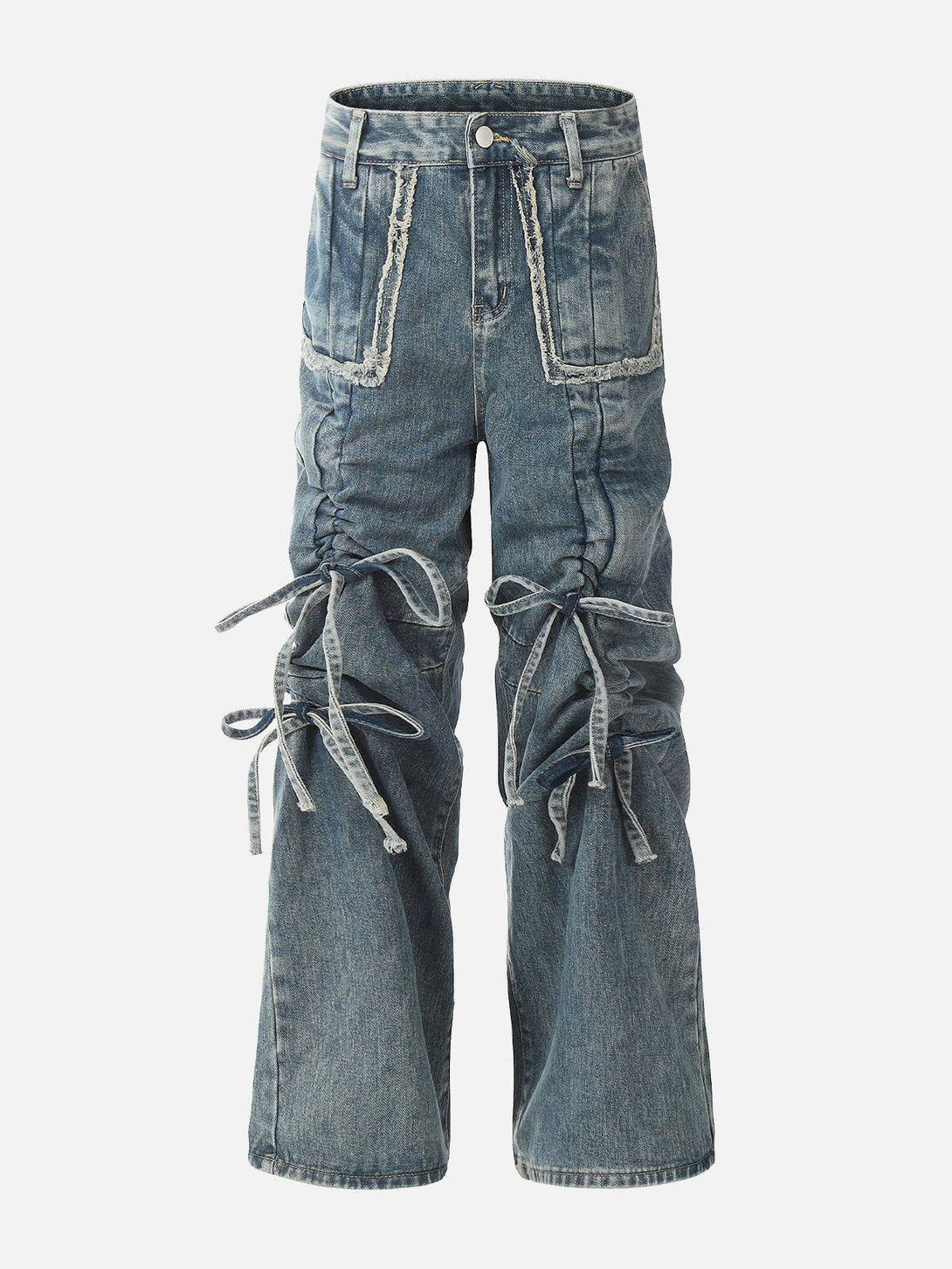 Front view of blue bow fringe washed jeans by TALISHKO, showcasing a unique street style.