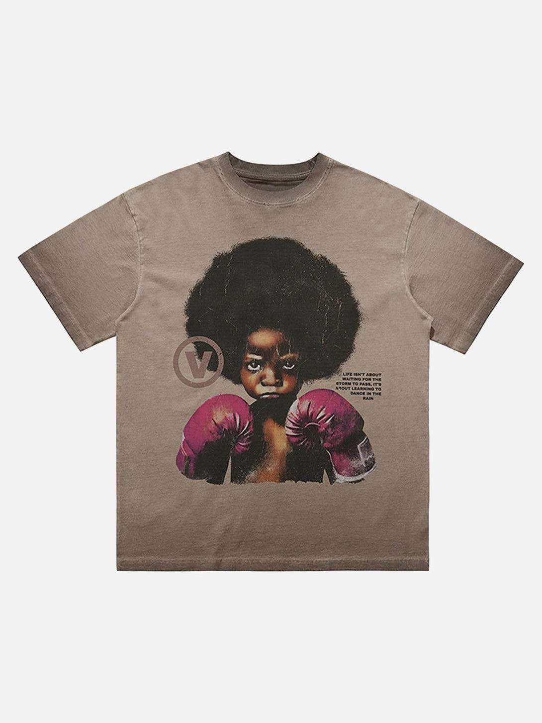 Front view of a khaki TALISHKO T-shirt with a bold boxing boy graphic, perfect for casual style.