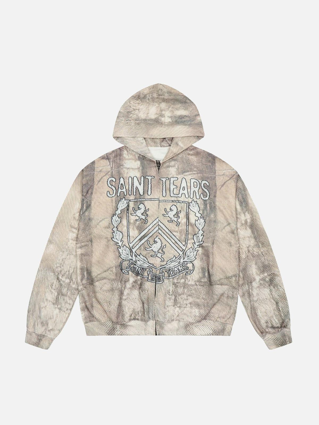 Front view of a beige hoodie with branch pattern and letter print by TALISHKO, embodying urban style.