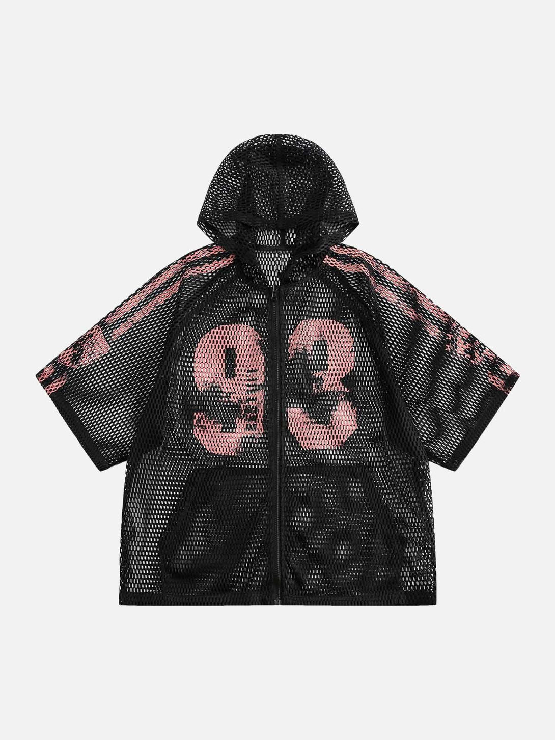 Front view of black breathable mesh hooded jersey T-shirt with snake print by TALISHKO.