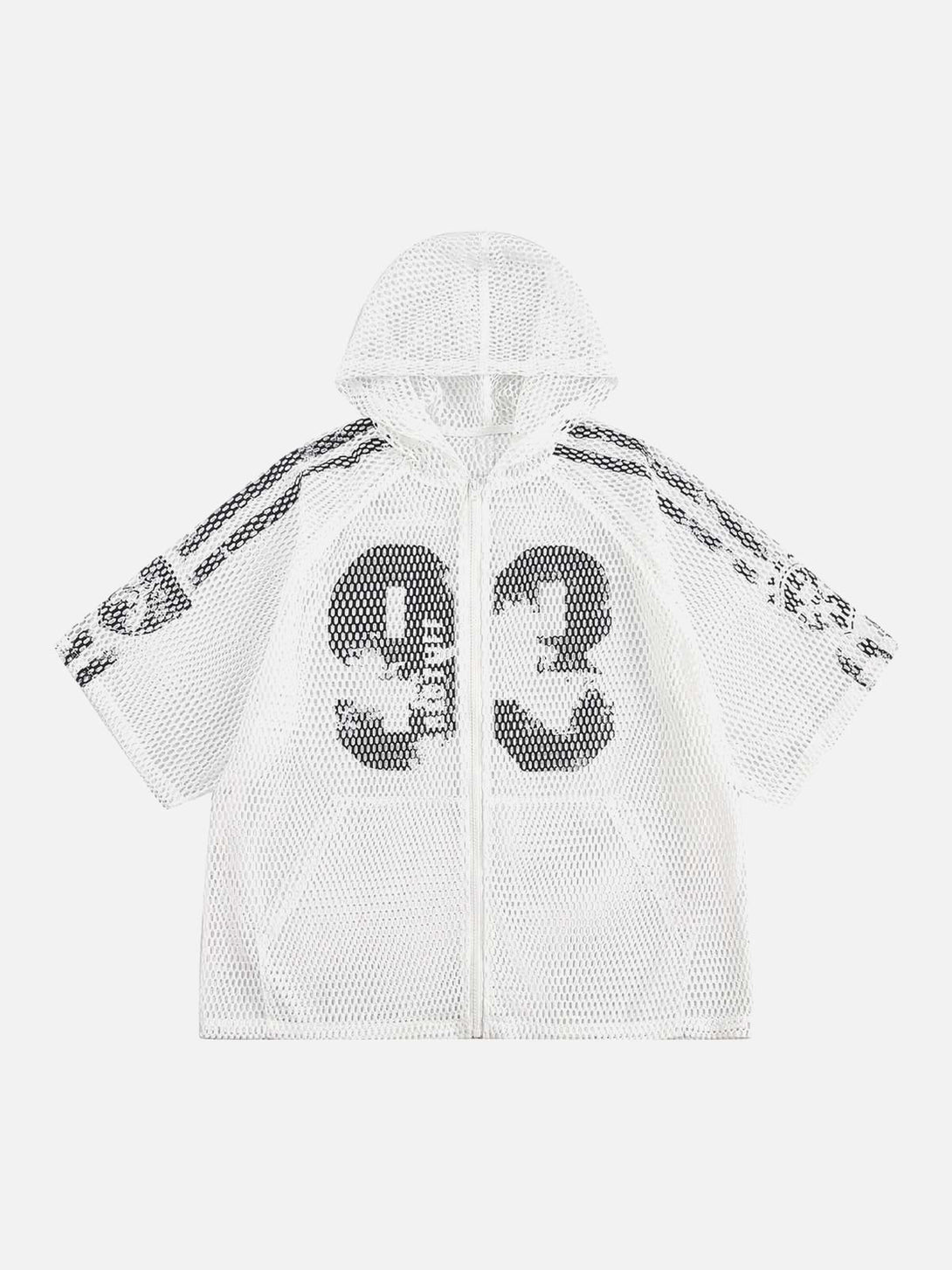 Front view of a white breathable mesh hooded jersey T-shirt with snake print by TALISHKO.