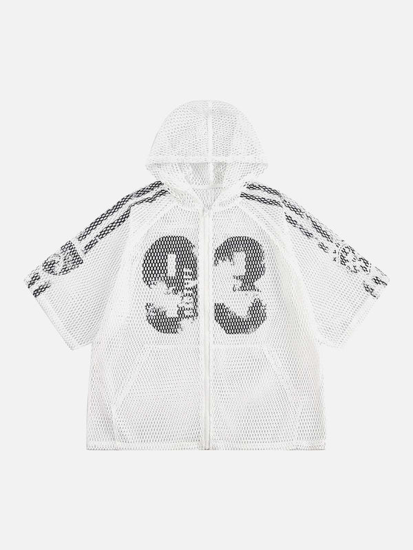Front view of a white breathable mesh hooded jersey T-shirt with snake print by TALISHKO.