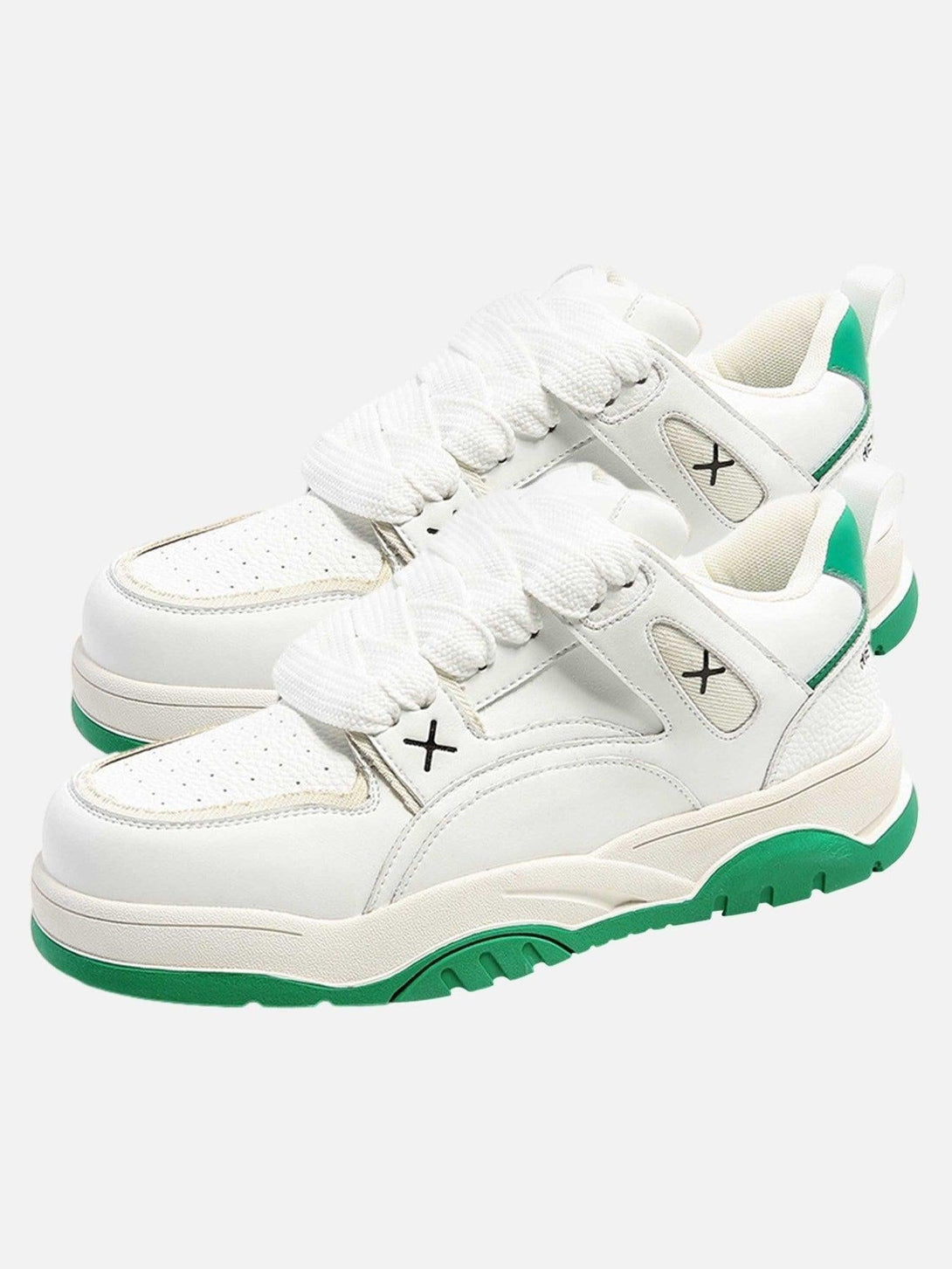 White board shoes with green accents by TALISHKO, featuring a thick sole and breathable design.