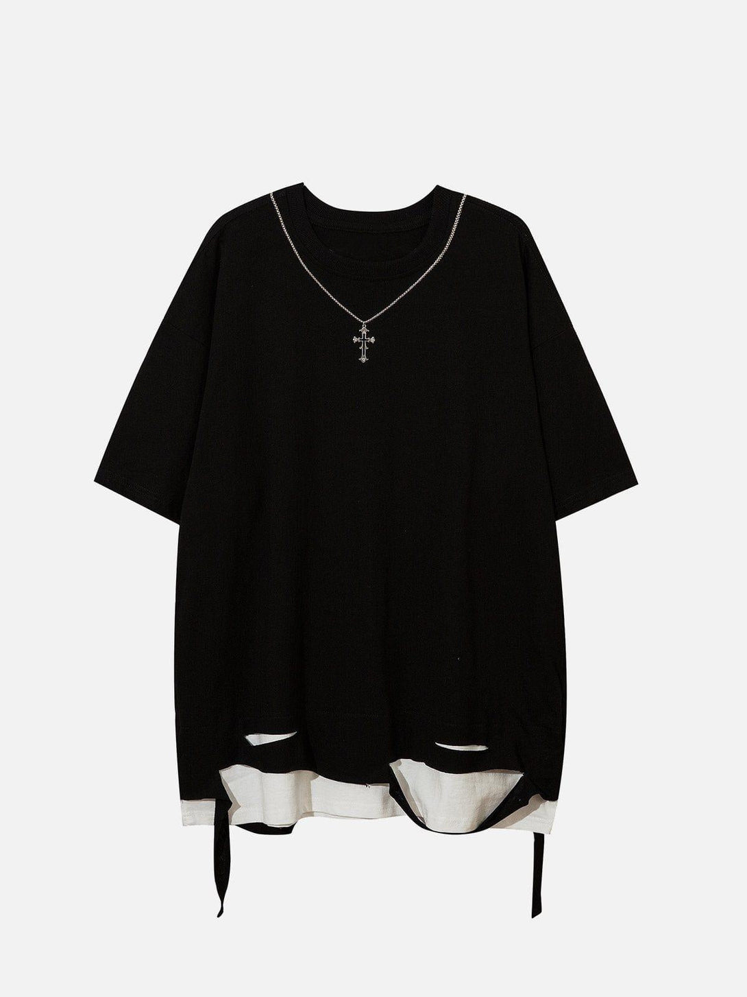 Front view of TALISHKO's Broken Chain Decoration Tee, featuring a layered hem and chain detail.