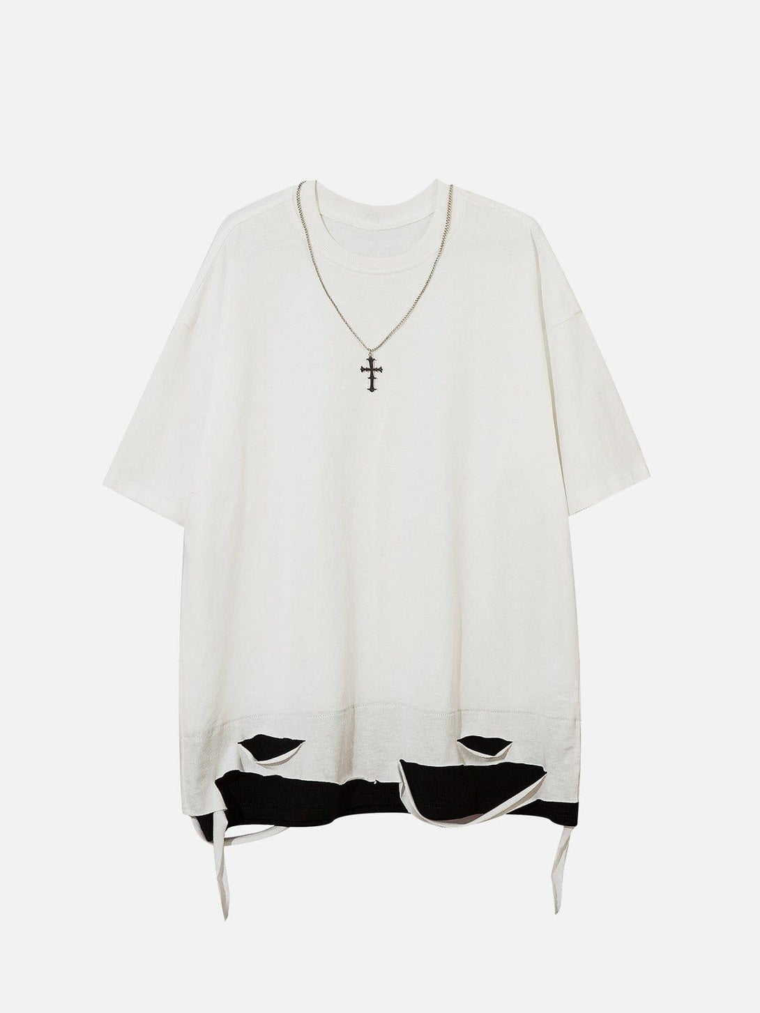 Front view of TALISHKO's white tee with a cross chain and distressed hem, ideal for casual looks.