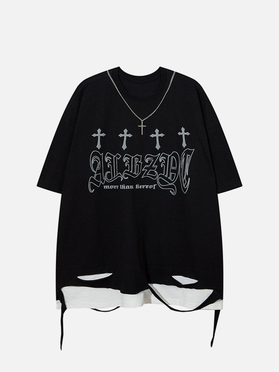 Front view of a black TALISHKO tee featuring cross graphics and layered distressed hem.
