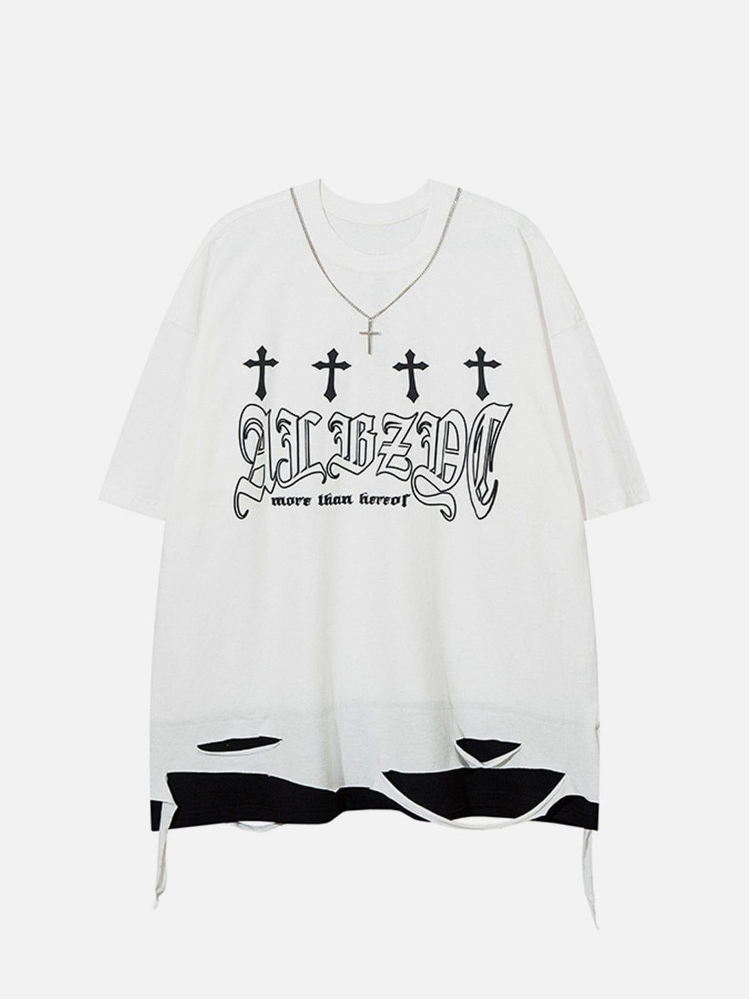 Front view of a white TALISHKO tee with cross graphics and distressed hem detailing.