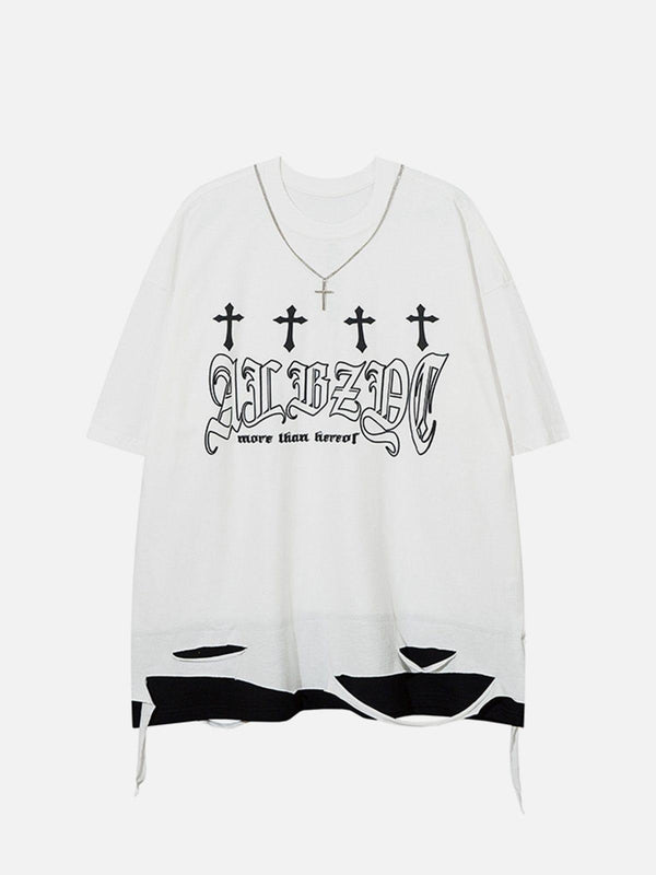 Front view of a white TALISHKO tee with cross graphics and distressed hem detailing.