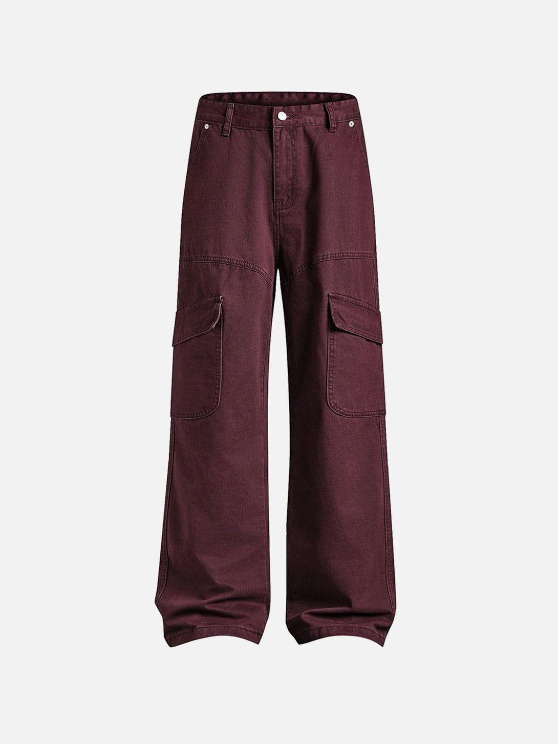 Burgundy multi-pocket jeans by TALISHKO, front view, showcasing a relaxed street style.
