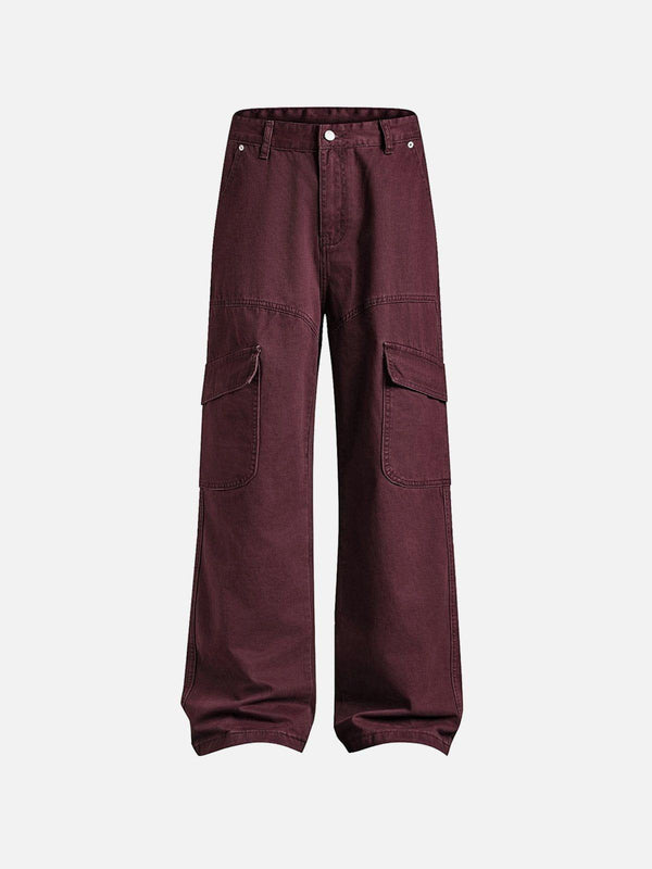 Burgundy multi-pocket jeans by TALISHKO, front view, showcasing a relaxed street style.