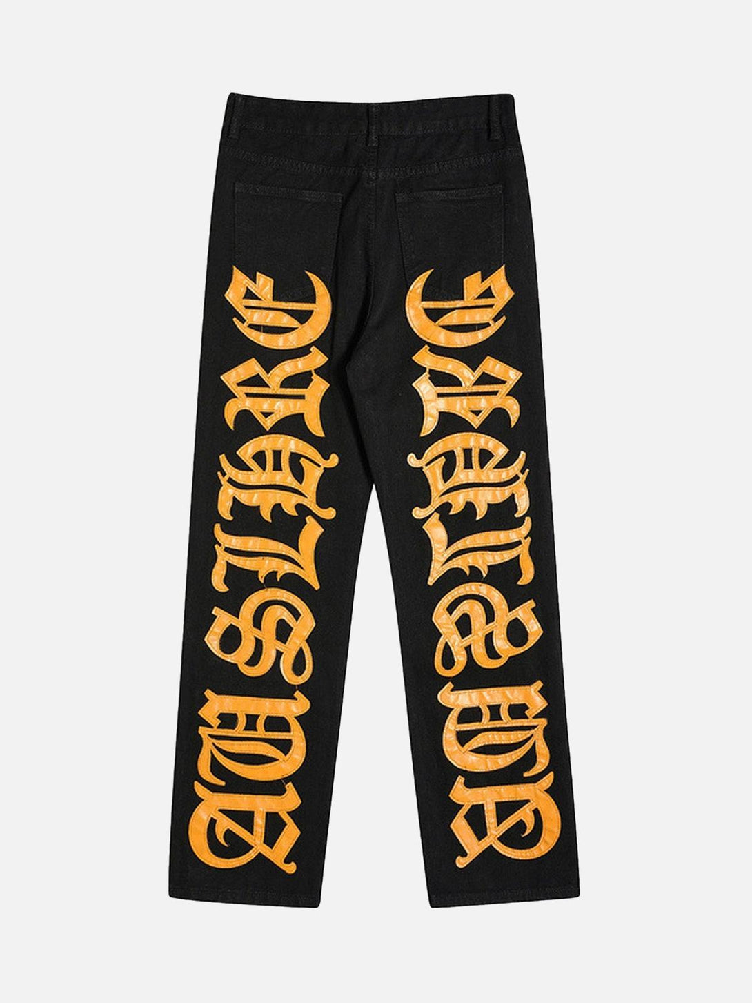 Back view of TALISHKO black jeans featuring bold orange embroidered lettering, perfect for urban style.