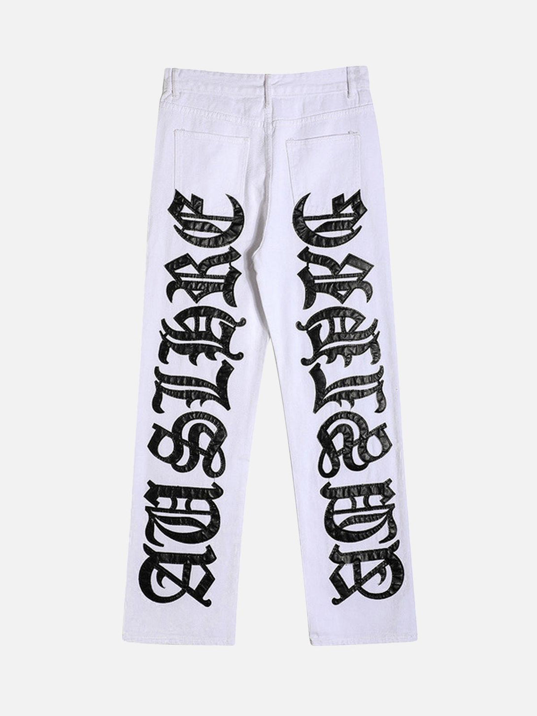 Back view of white jeans by TALISHKO, showcasing bold black embroidered text for an edgy look.