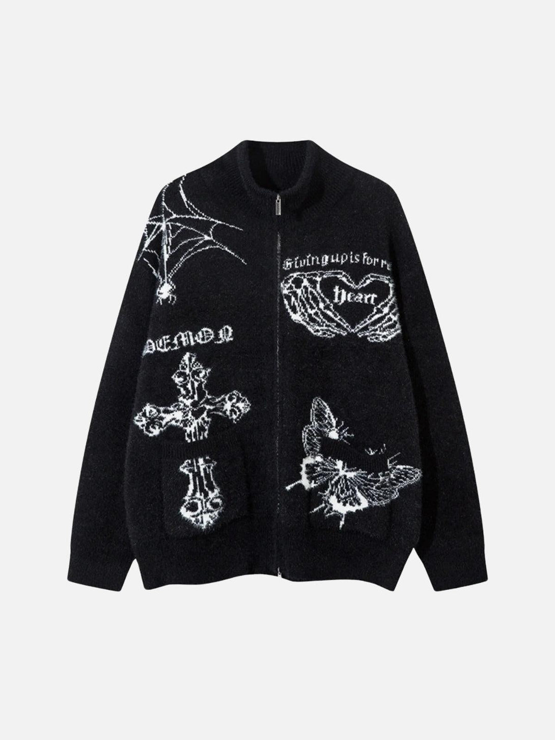 Front view of a black knit cardigan by TALISHKO, featuring intricate butterfly and cross designs.