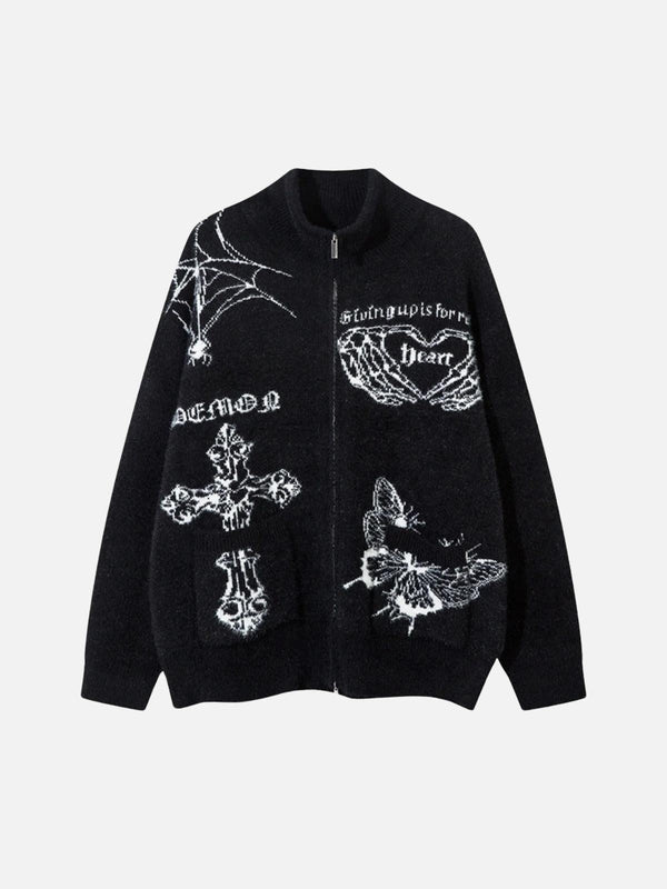 Front view of a black knit cardigan by TALISHKO, featuring intricate butterfly and cross designs.
