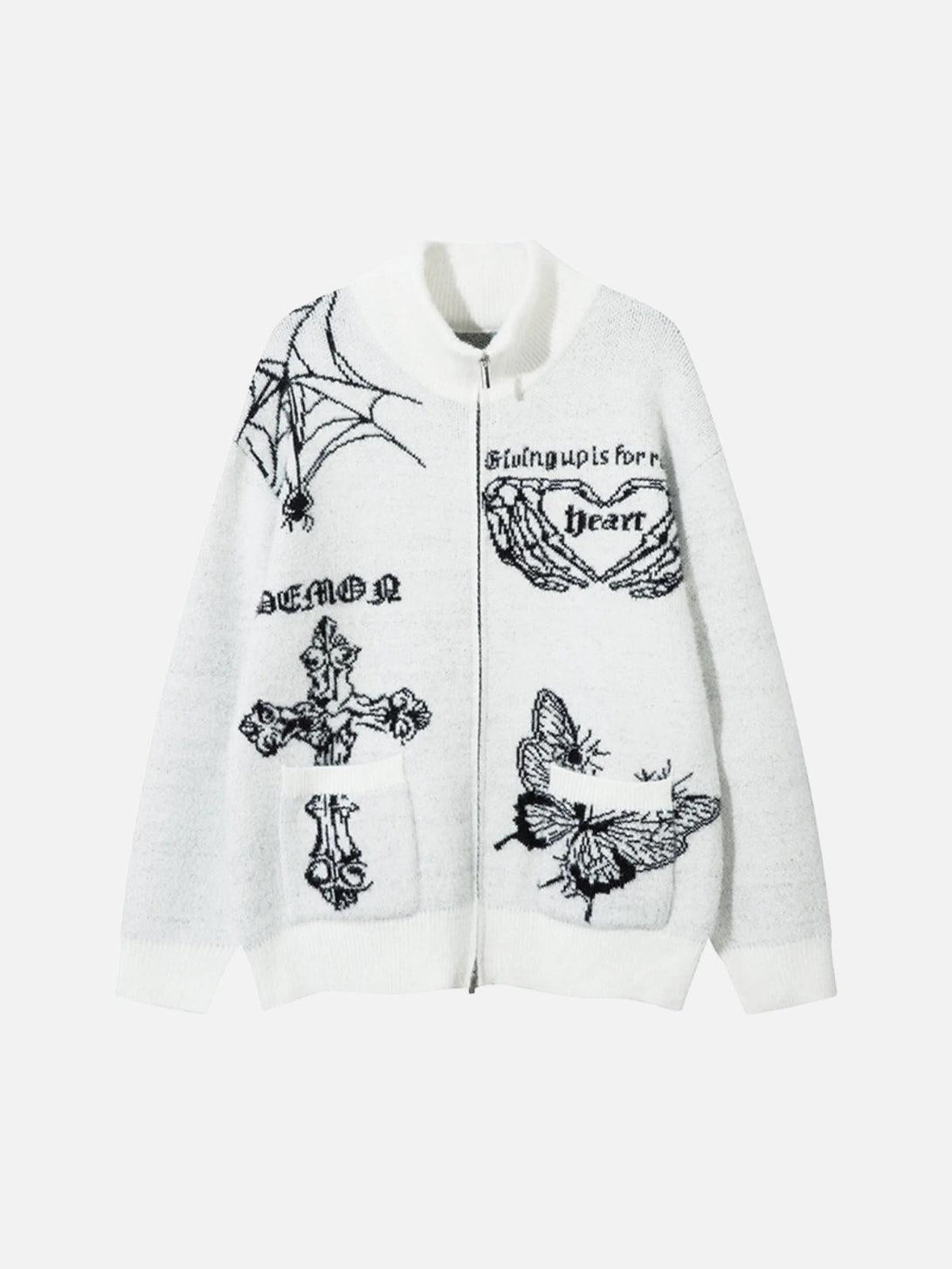 Front view of a white knit cardigan by TALISHKO, featuring bold butterfly and cross designs.