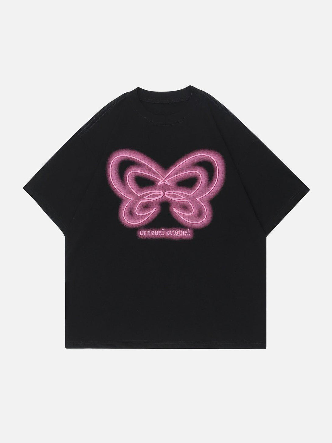 Black tee with pink butterfly design, front view, by TALISHKO; a stylish summer choice.