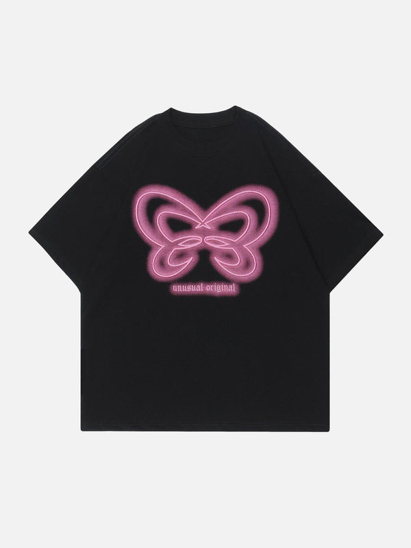 Black tee with pink butterfly design, front view, by TALISHKO; a stylish summer choice.
