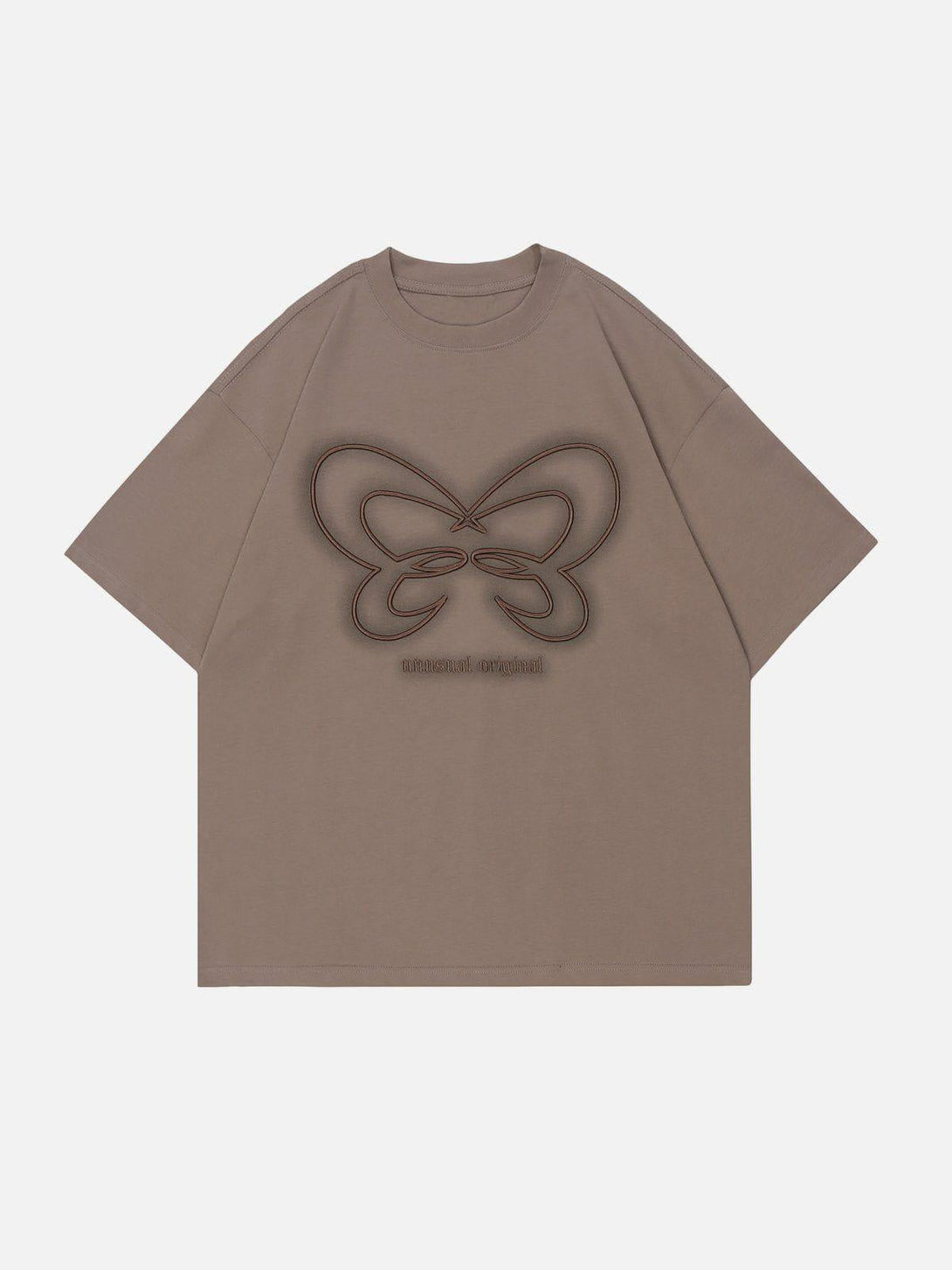 Front view of coffee-colored butterfly embroidery tee by TALISHKO, perfect for casual summer style.