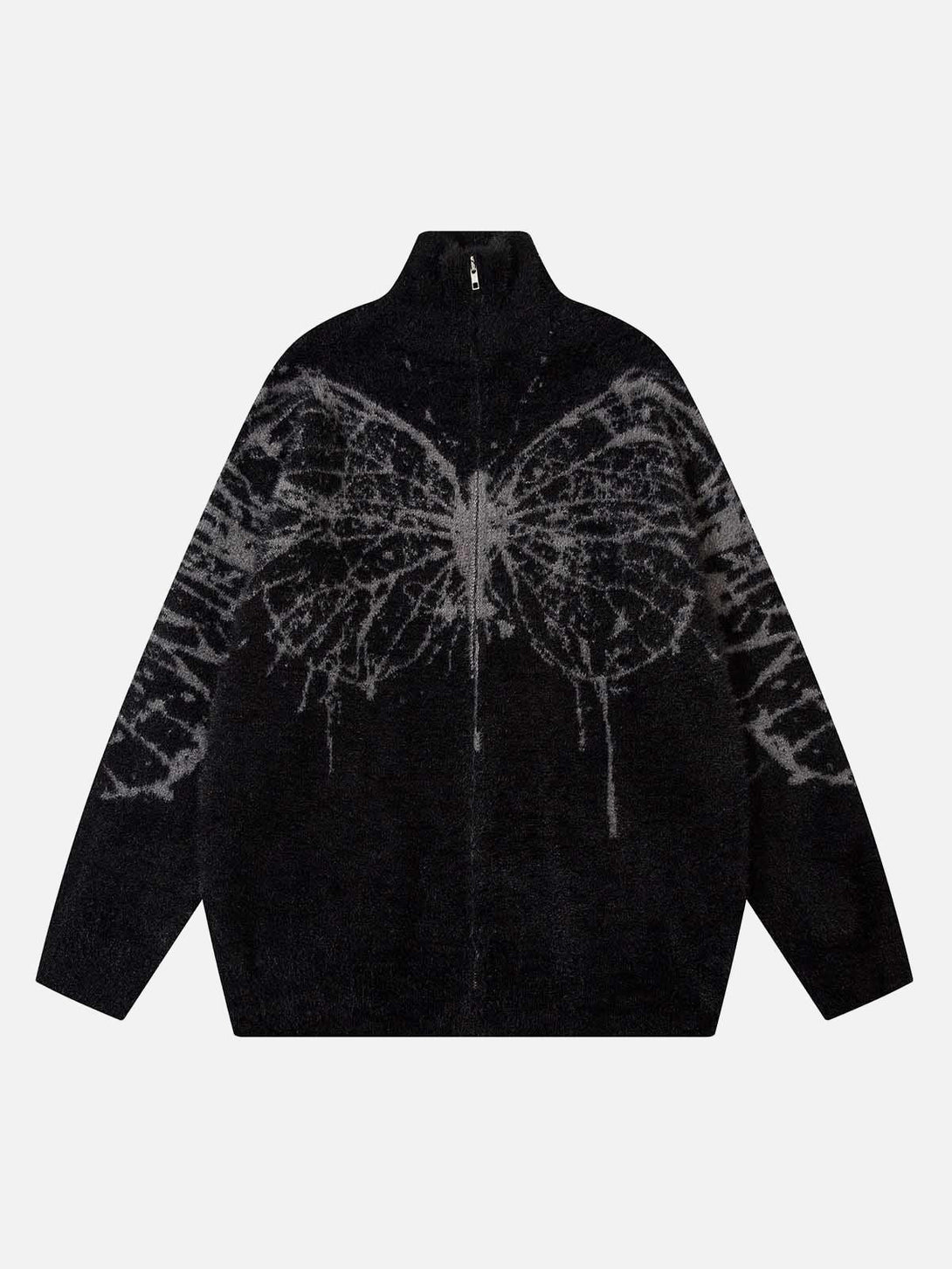 Front view of black TALISHKO mock neck sweater with butterfly jacquard design, perfect for trendy style.