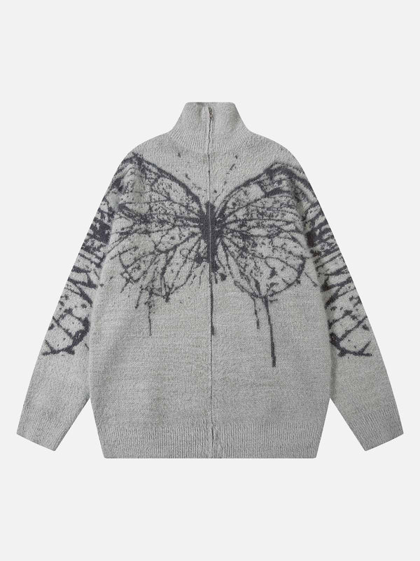Gray butterfly jacquard knit mock neck sweater by TALISHKO, front view showcasing unique design.