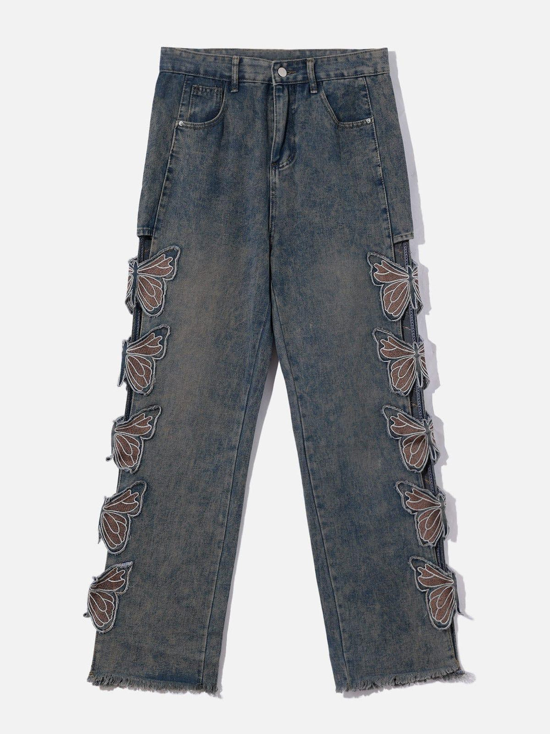 Front view of TALISHKO blue jeans featuring butterfly cutouts on the legs, perfect for urban style.