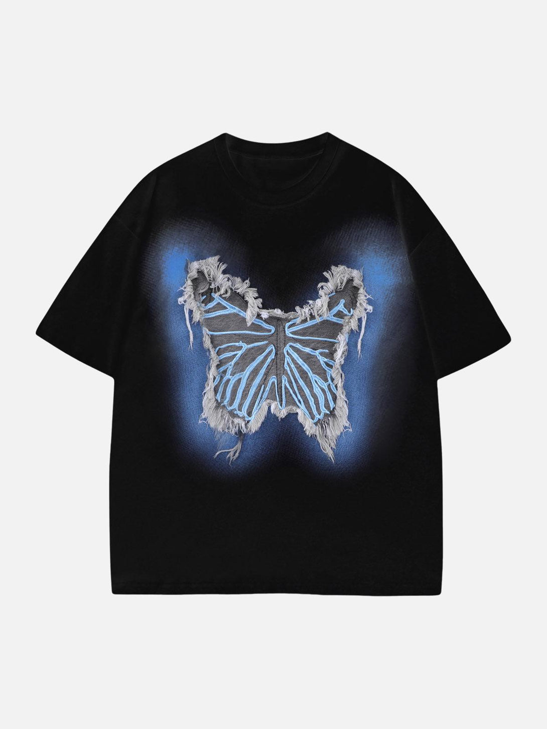 Front view of a black T-shirt featuring a butterfly patch design by TALISHKO, perfect for casual wear.