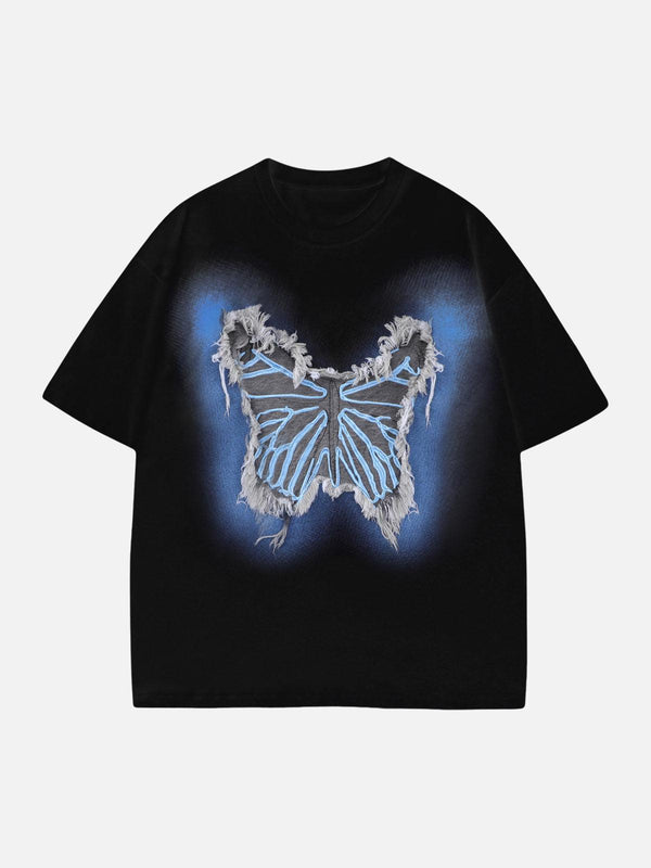 Front view of a black T-shirt featuring a butterfly patch design by TALISHKO, perfect for casual wear.
