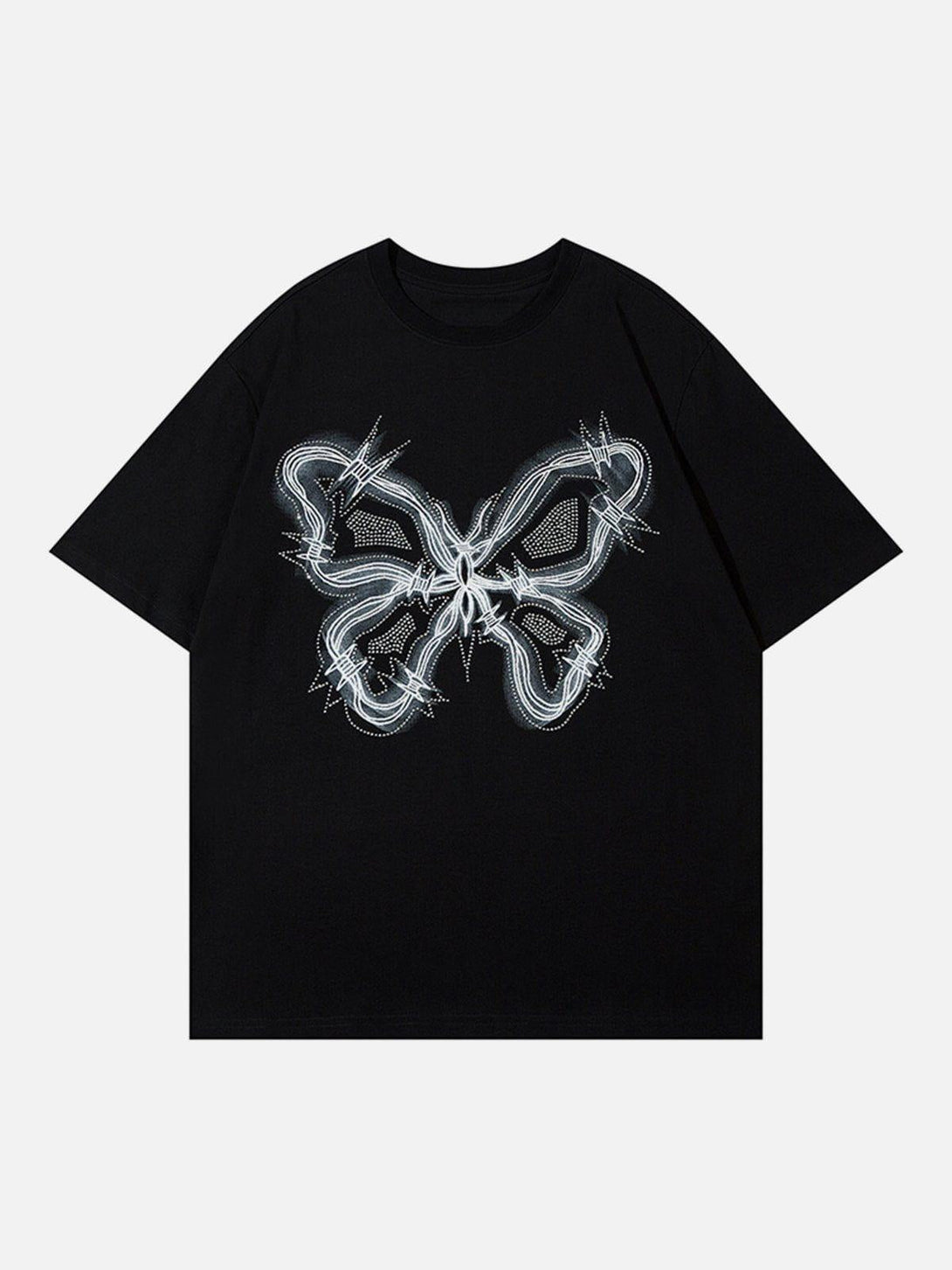 Front view of TALISHKO black butterfly print tee, highlighting a trendy, casual look.