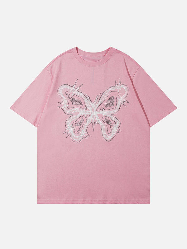 Pink butterfly print tee by TALISHKO, front view showcasing casual summer style.