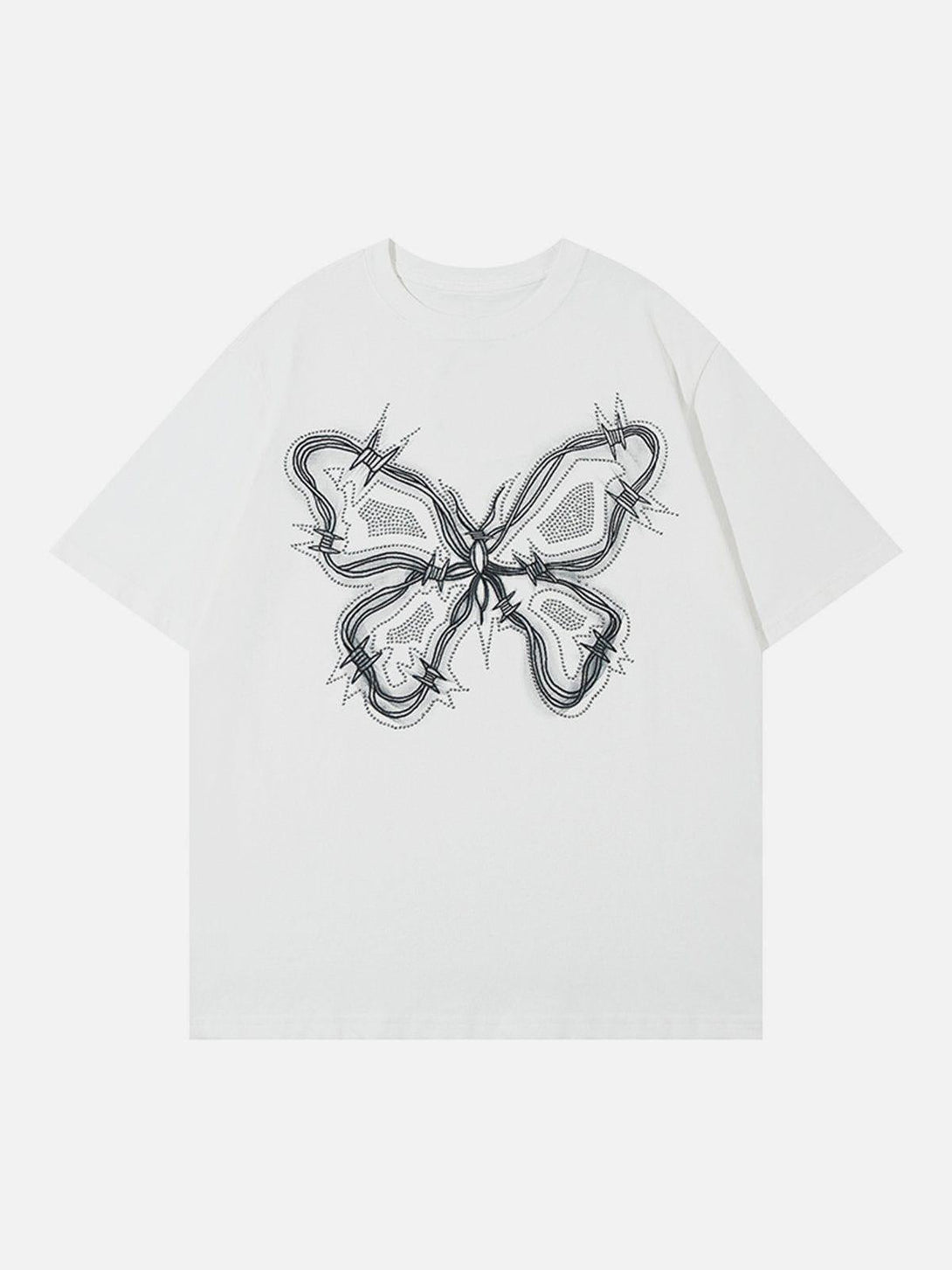 Front view of TALISHKO white butterfly print tee, showcasing a stylish, casual design.
